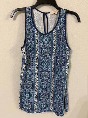 LOFT Blue Patterned Keyhole-Back Tank Top